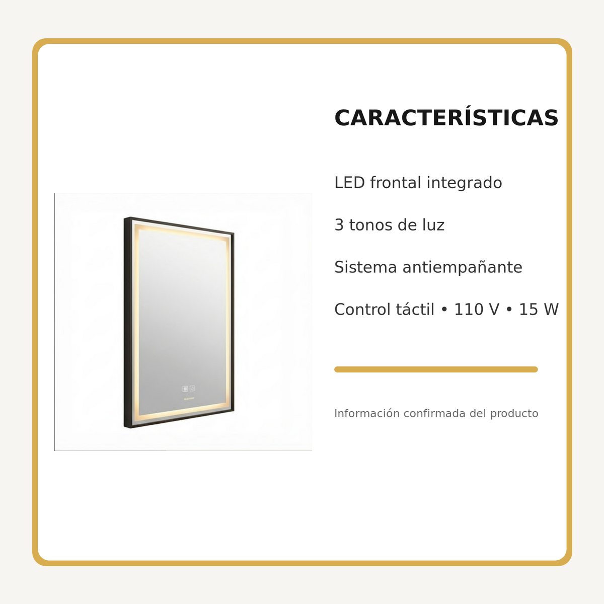 Espejo Aura LED rectangular vertical marco recto 60 × 80 cm negro antiempañante, características principales