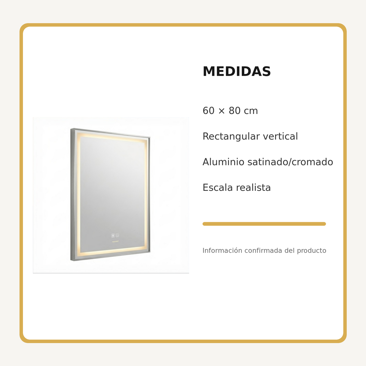 Espejo Aura LED rectangular vertical marco recto 60 × 80 cm cromado antiempañante, medidas y datos técnicos