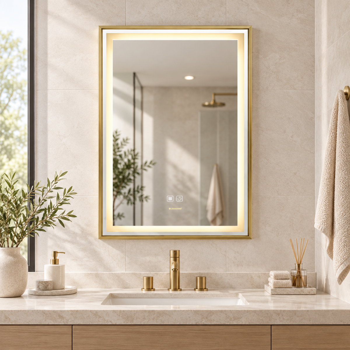 Espejo Aura LED rectangular vertical marco recto 60 × 80 cm dorado antiempañante, ambientado en espacio moderno