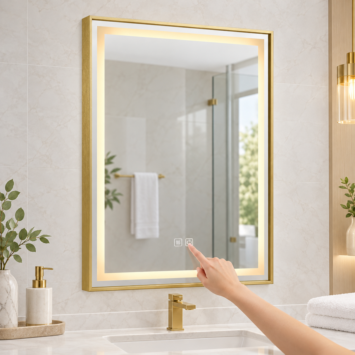 Espejo Aura LED rectangular vertical marco recto 60 × 80 cm dorado antiempañante, uso del control táctil