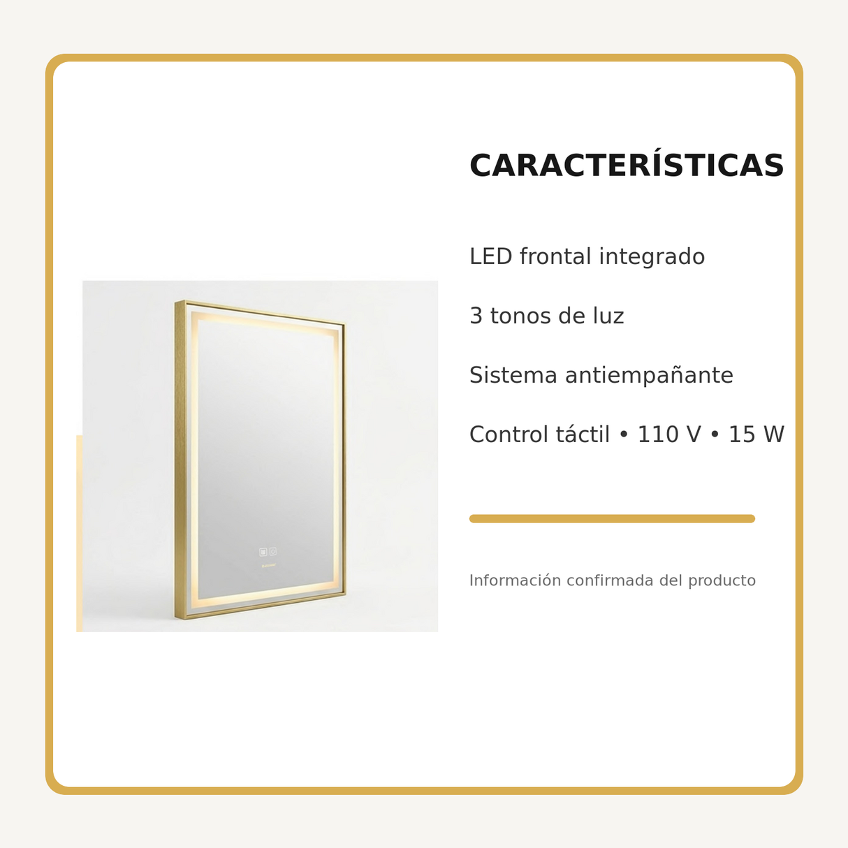 Espejo Aura LED rectangular vertical marco recto 60 × 80 cm dorado antiempañante, características principales
