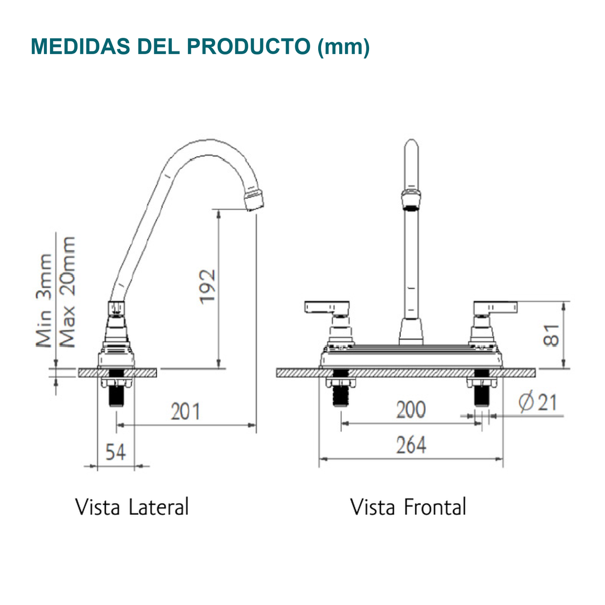Esquema de medidas en milímetros del mezclador de mesa Almaguer de 8 pulgadas