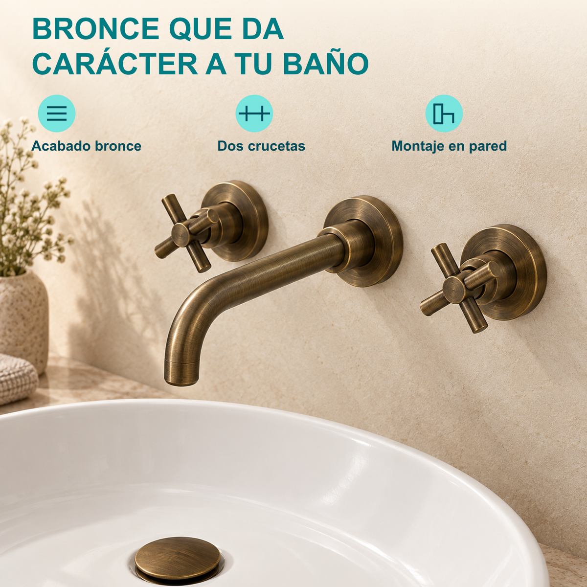 Grifería de pared: acabado bronce, dos crucetas y montaje empotrado