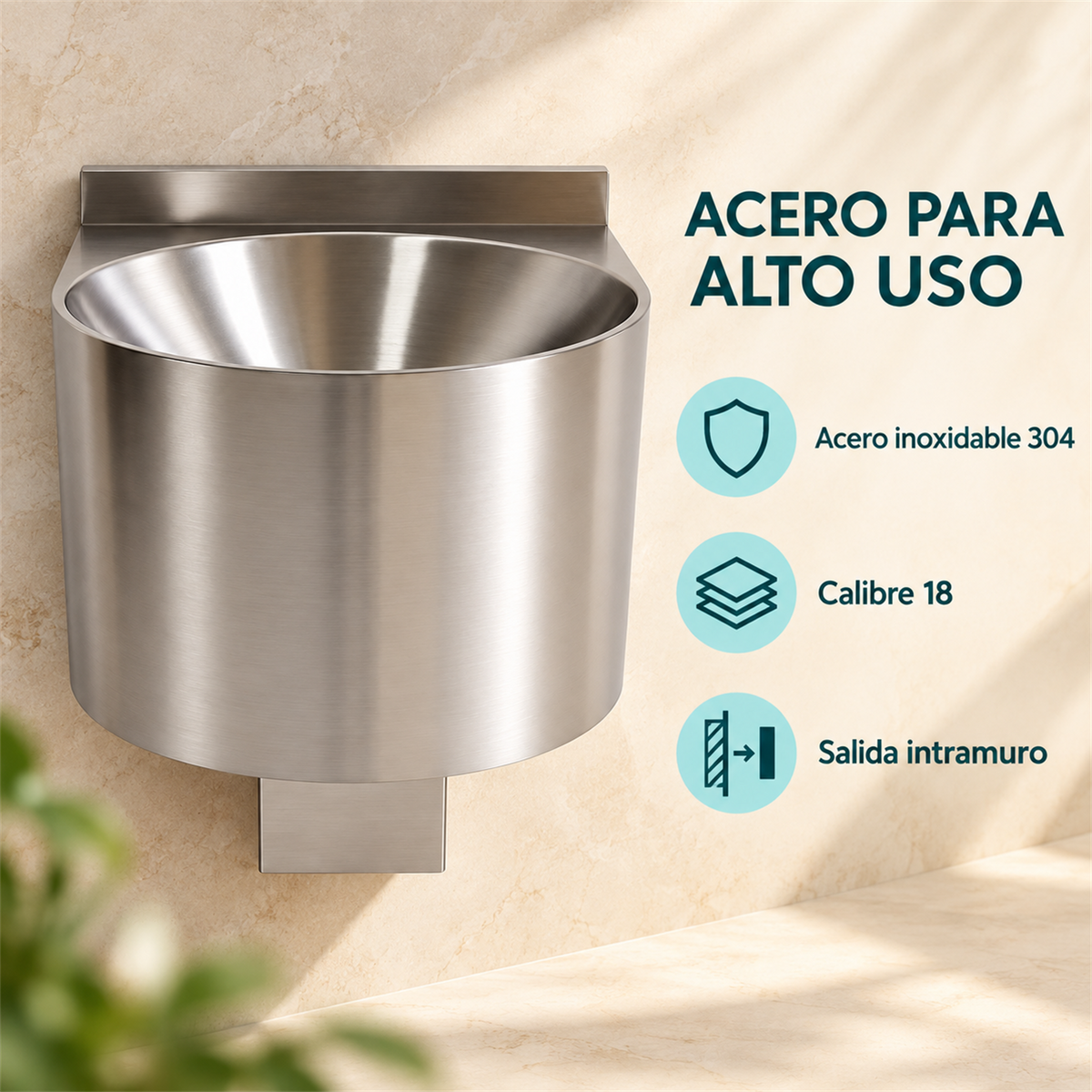Características: acero inoxidable 304, calibre 18 y salida intramuro