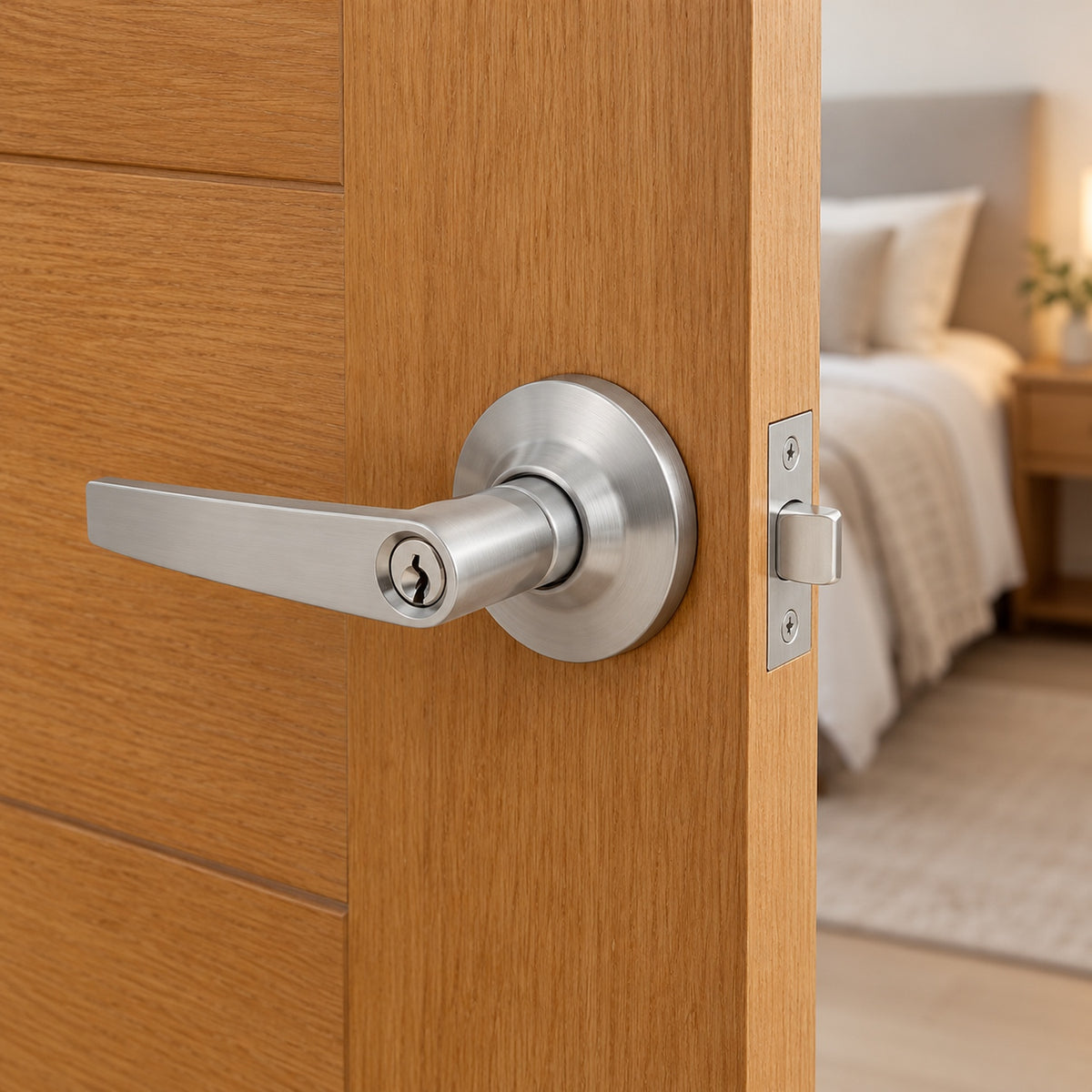 Manija De Alcoba Satinada Con Llave Backset 60 Mm — instalado en puerta