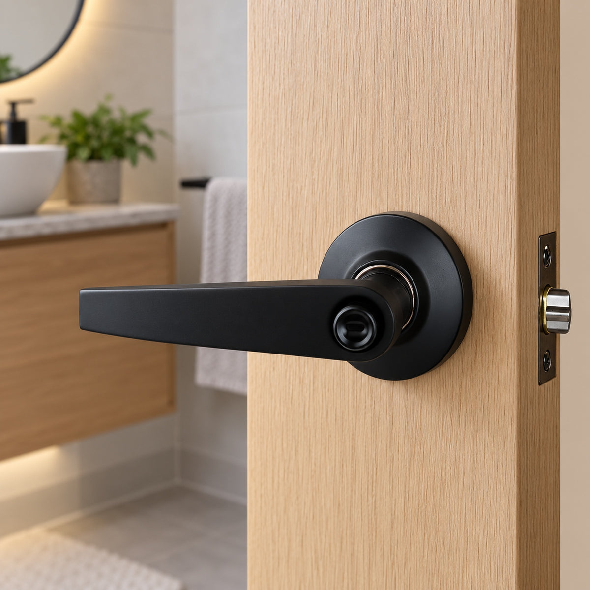 Manija De Baño En Aluminio Negro Backset 60 Mm — instalado en puerta