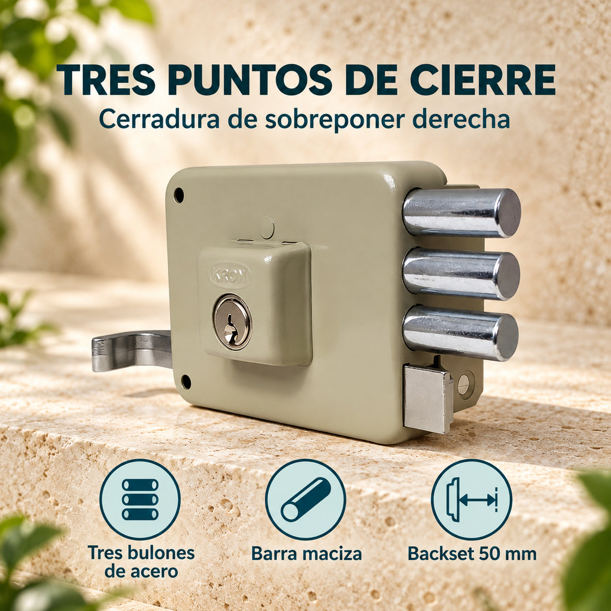Cerradura De Sobreponer Derecha Tres Bulones 50 mm — caracteristicas