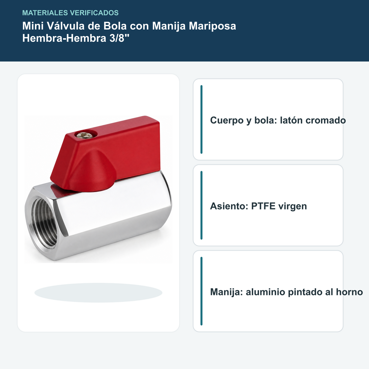 Materiales verificados de mini válvula hembra-hembra de tres octavos
