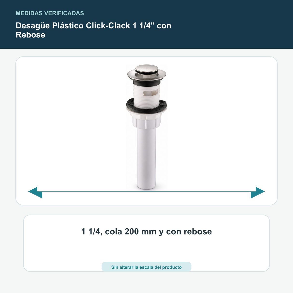 Desagüe Plástico Click-Clack 1 1/4" con Rebose - 1 1/4, cola 200 mm y con rebose