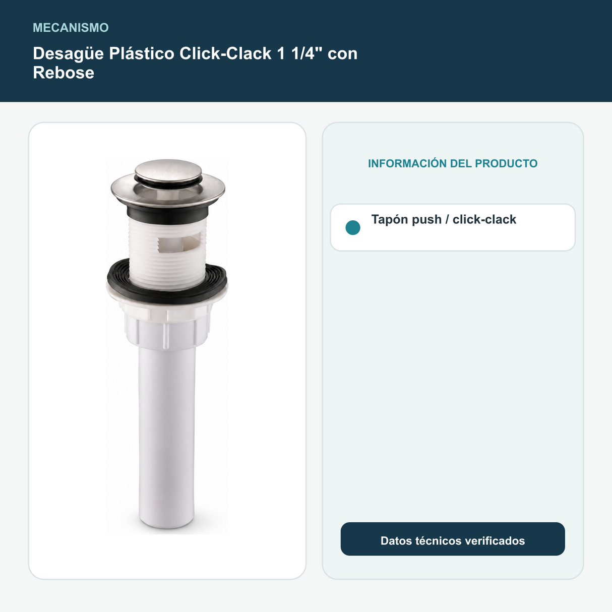 Desagüe Plástico Click-Clack 1 1/4" con Rebose - Tapón push / click-clack