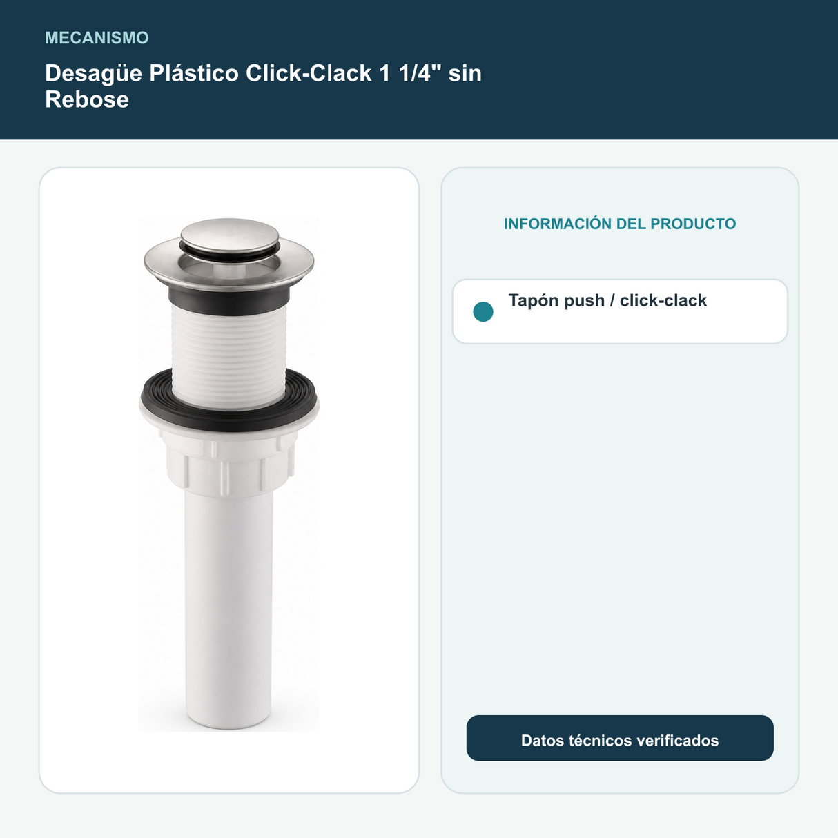 Desagüe Plástico Click-Clack 1 1/4" sin Rebose - Tapón push / click-clack