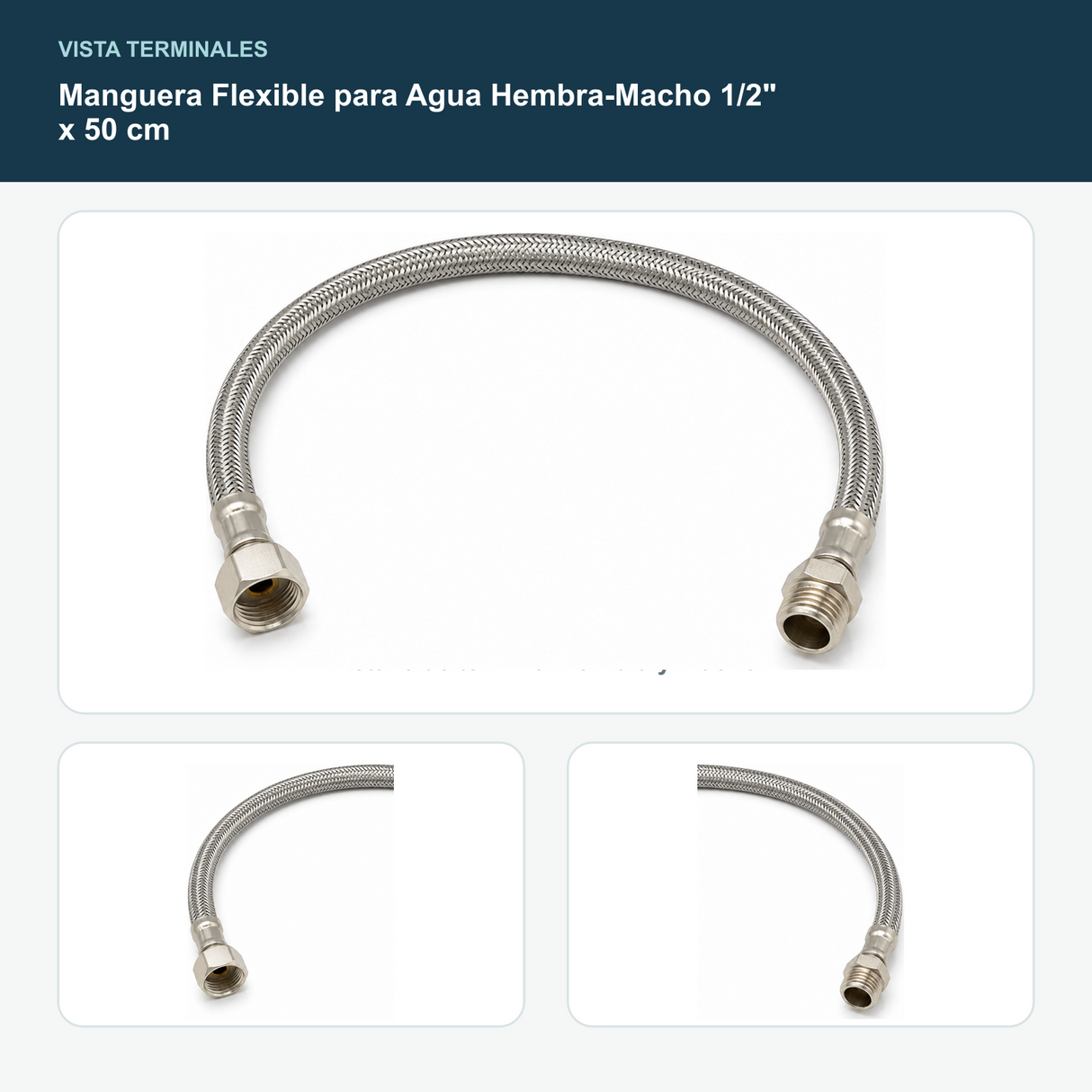 Manguera Flexible para Agua Hembra-Macho 1/2" x 50 cm - Detalle de terminal hembra y macho