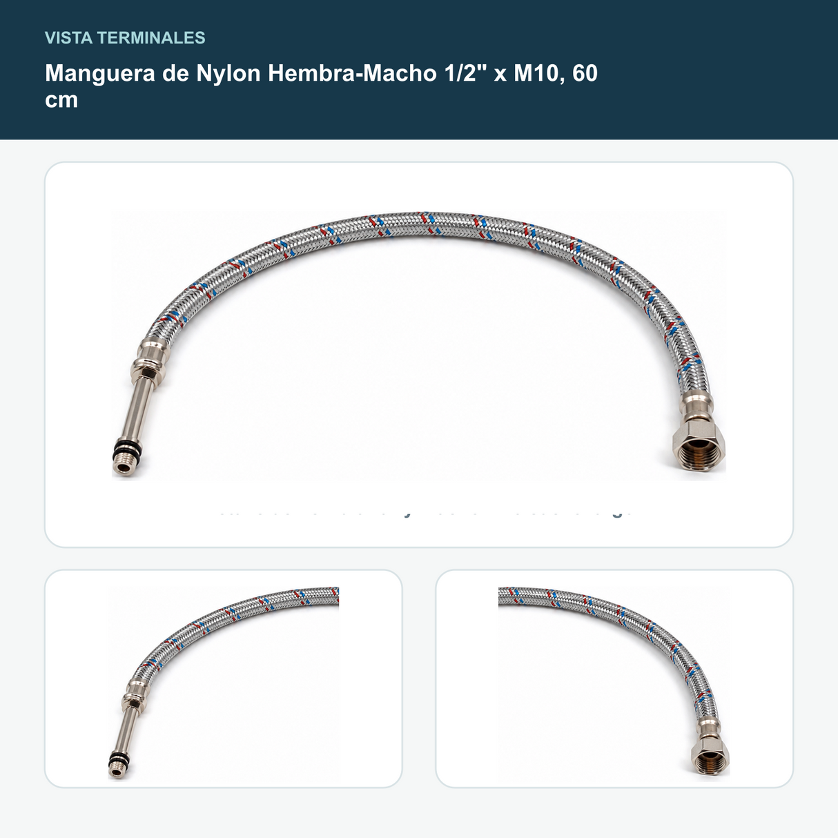 Manguera de Nylon Hembra-Macho 1/2" x M10, 60 cm - Detalle de hembra 1/2 y macho M10 cuello largo