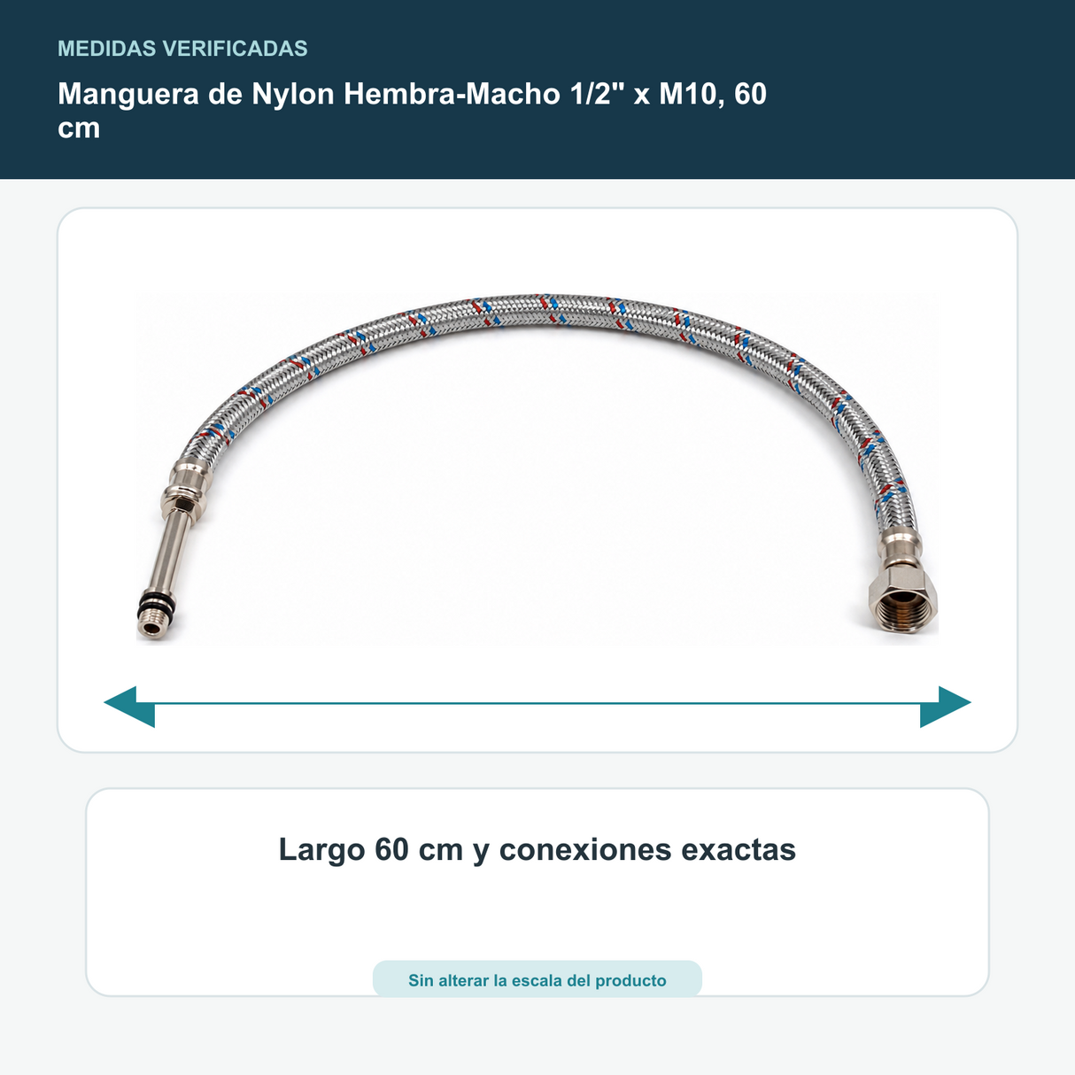 Manguera de Nylon Hembra-Macho 1/2" x M10, 60 cm - Largo 60 cm y conexiones exactas