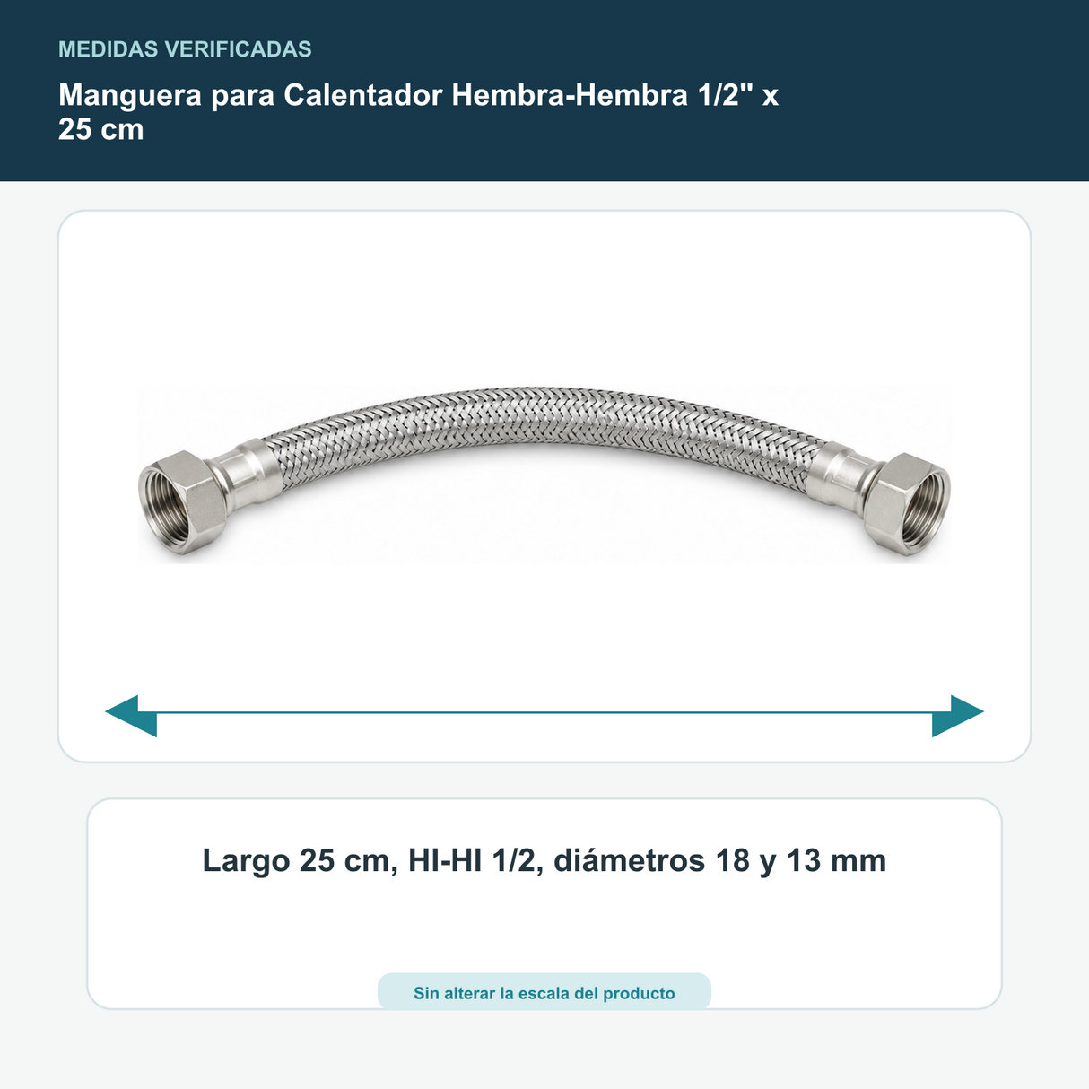 Manguera para Calentador Hembra-Hembra 1/2" x 25 cm - Largo 25 cm, HI-HI 1/2, diámetros 18 y 13 mm