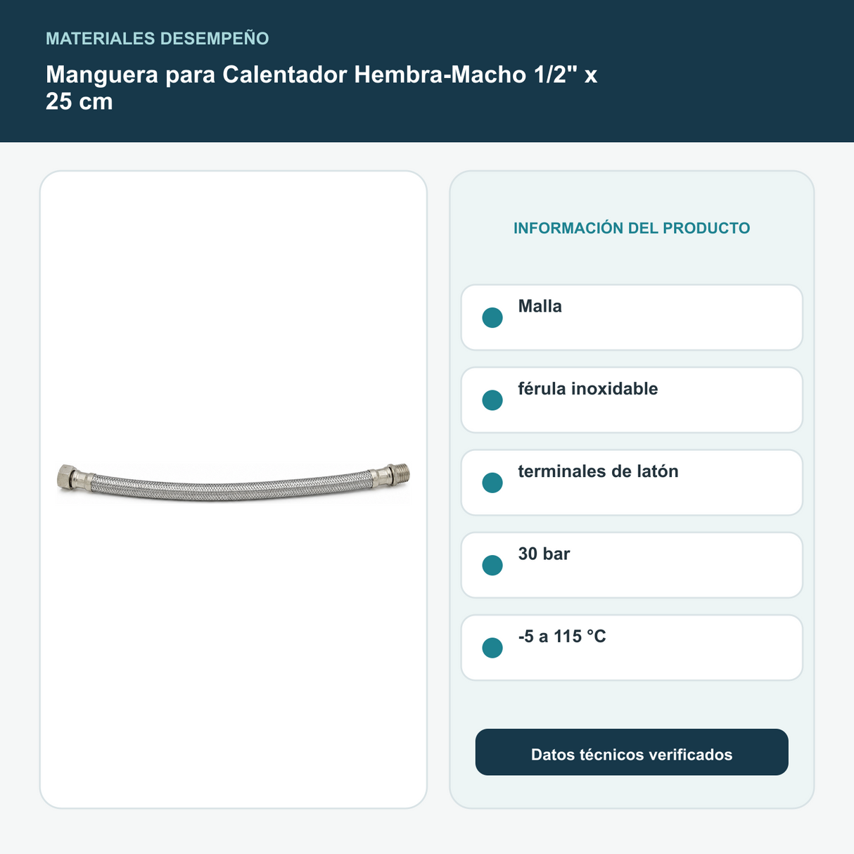 Manguera para Calentador Hembra-Macho 1/2" x 25 cm - Malla y férula inoxidable, terminales de latón, 30 bar, -5 a 115 °C