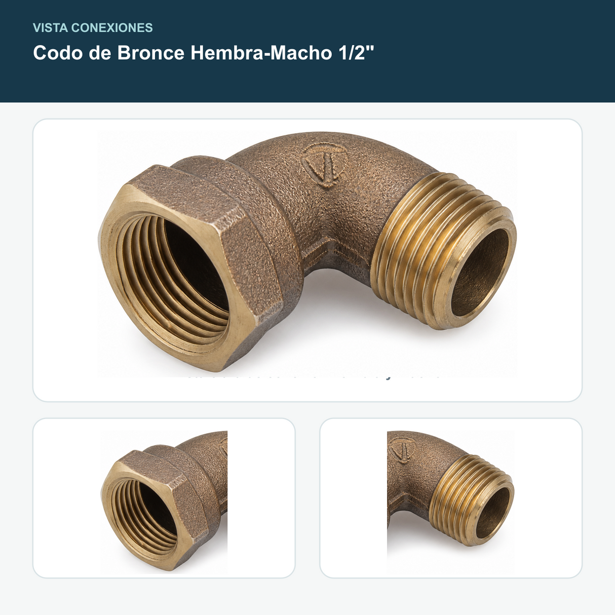 Codo de Bronce Hembra-Macho 1/2" - Vista clara de conexión hembra y macho