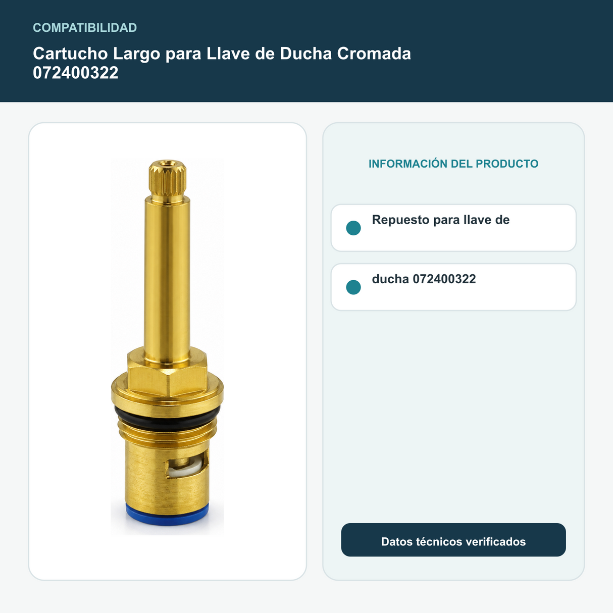 Cartucho Largo para Llave de Ducha Cromada 072400322 - Repuesto para llave de ducha 072400322