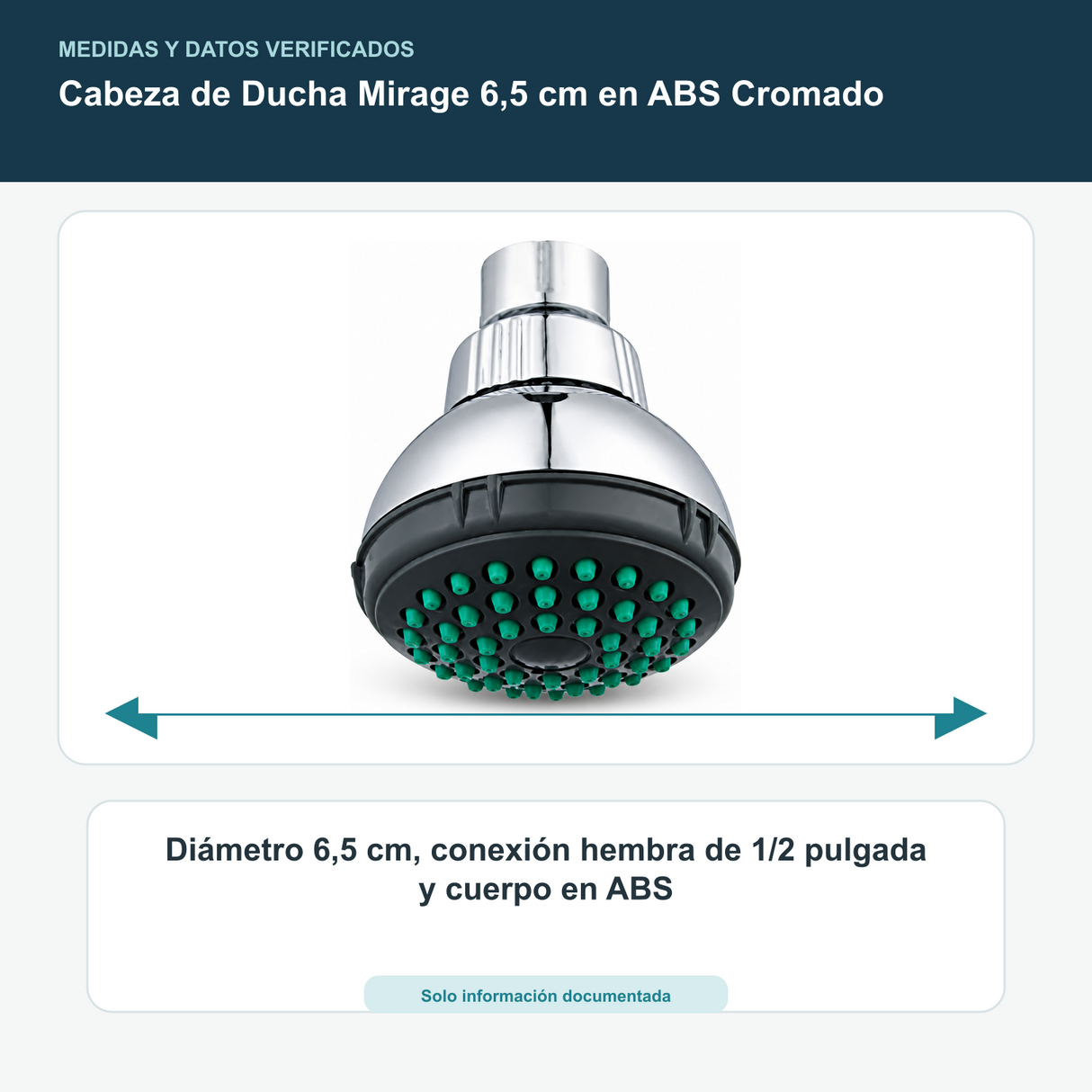 Cabeza de Ducha Mirage 6,5 cm en ABS Cromado - Diámetro 6,5 cm, conexión hembra de 1/2 pulgada y cuerpo en ABS