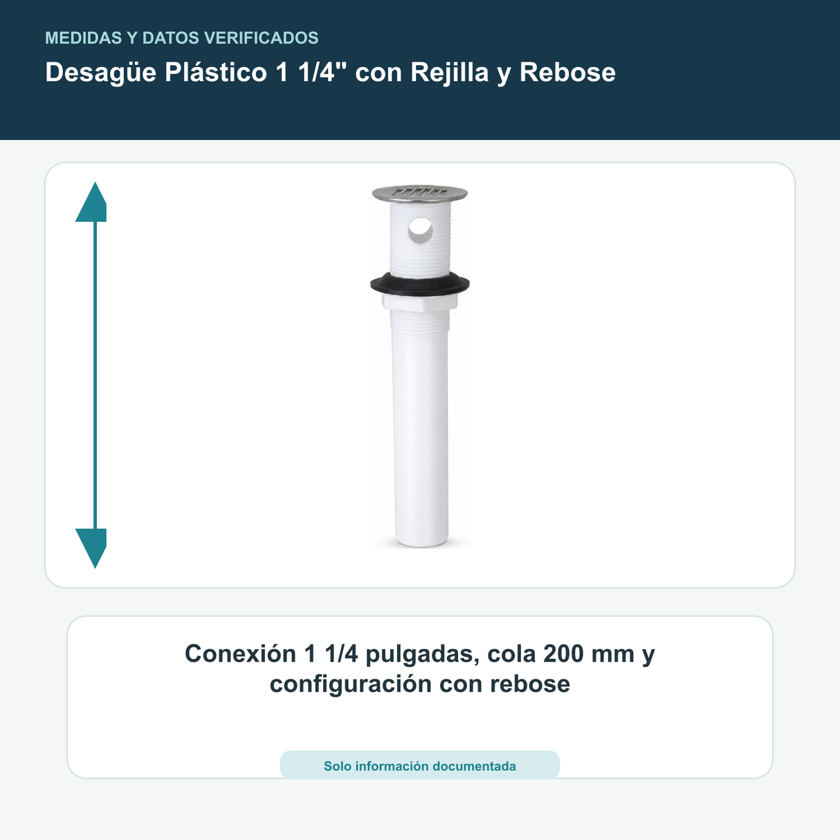 Desagüe Plástico 1 1/4" con Rejilla y Rebose - Conexión 1 1/4 pulgadas, cola 200 mm y configuración con rebose
