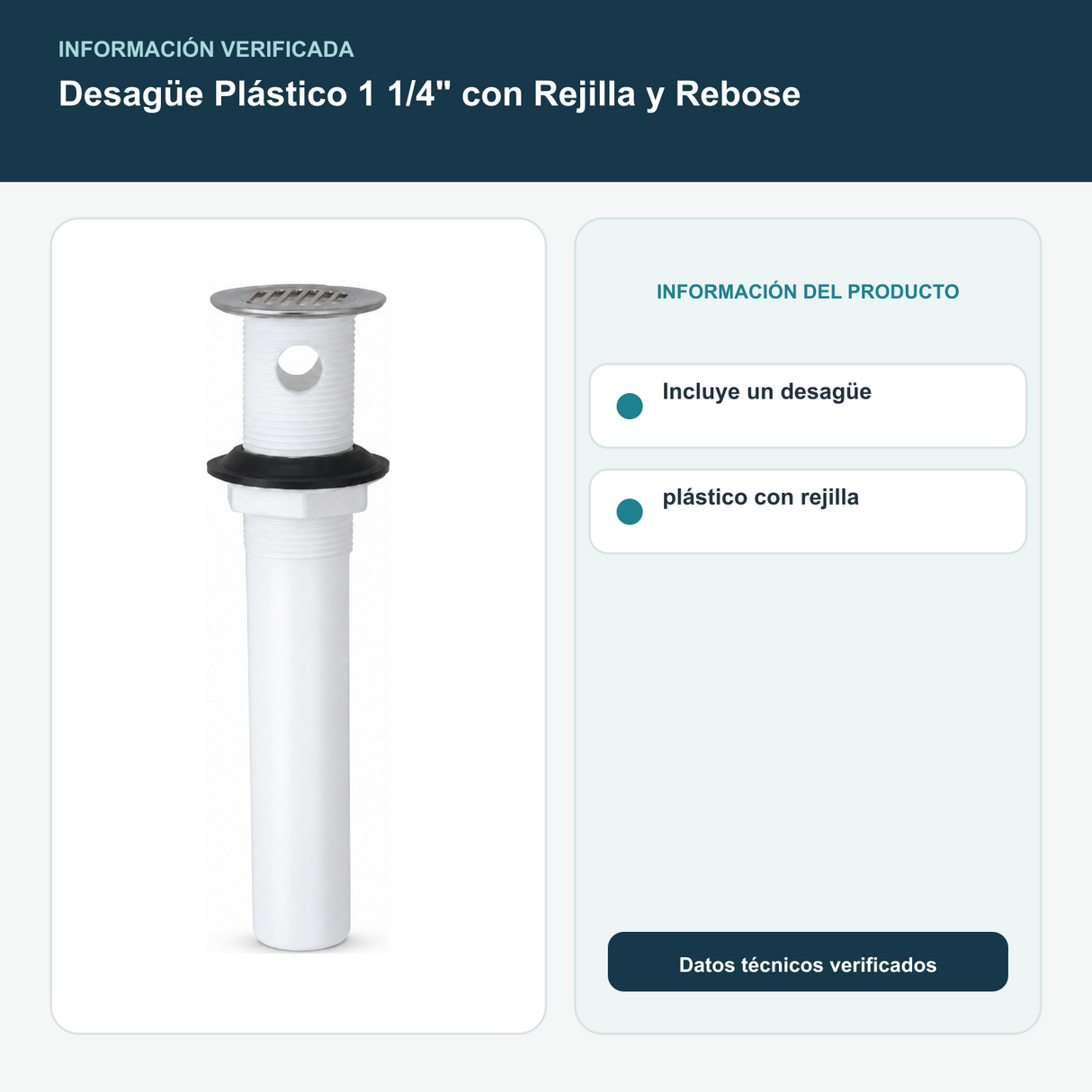 Desagüe Plástico 1 1/4" con Rejilla y Rebose - Incluye un desagüe plástico con rejilla