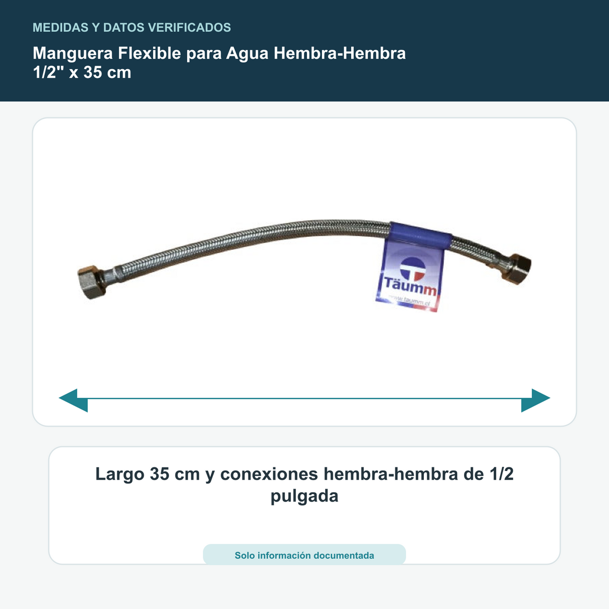 Manguera Flexible para Agua Hembra-Hembra 1/2" x 35 cm - Largo 35 cm y conexiones hembra-hembra de 1/2 pulgada