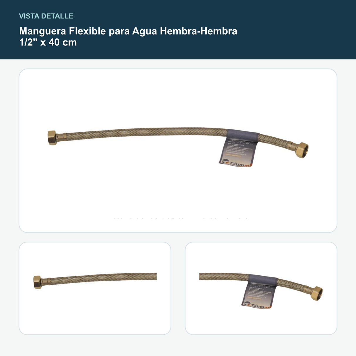Manguera Flexible para Agua Hembra-Hembra 1/2" x 40 cm - Detalle de los dos terminales hembra