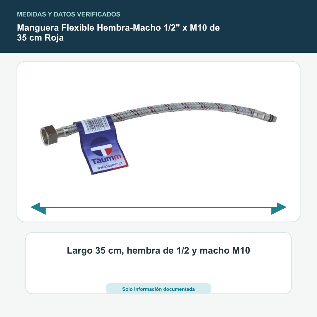 Manguera Flexible Hembra-Macho 1/2" x M10 de 35 cm Roja - Largo 35 cm, hembra de 1/2 y macho M10