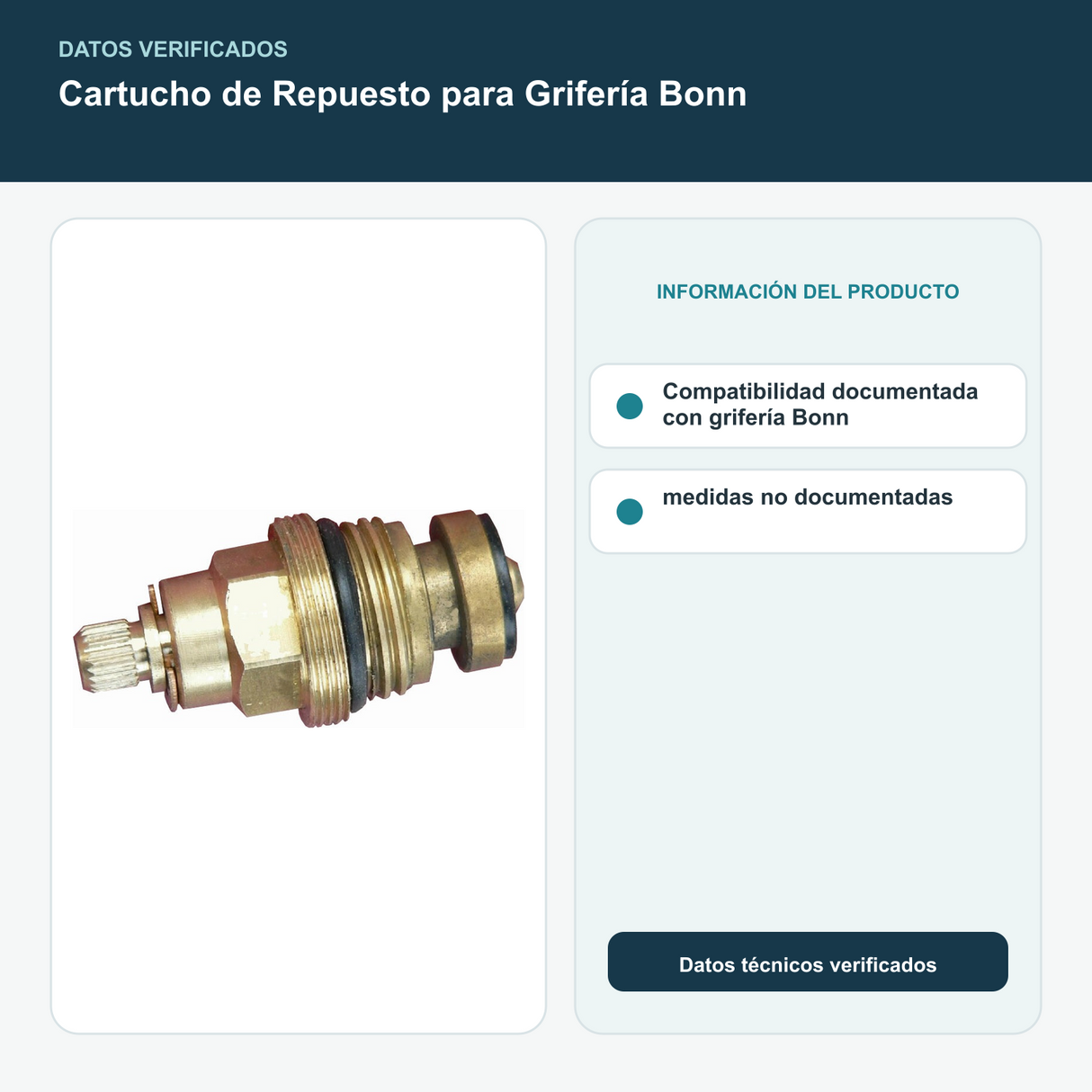 Cartucho de Repuesto para Grifería Bonn - Compatibilidad documentada con grifería Bonn; medidas no documentadas