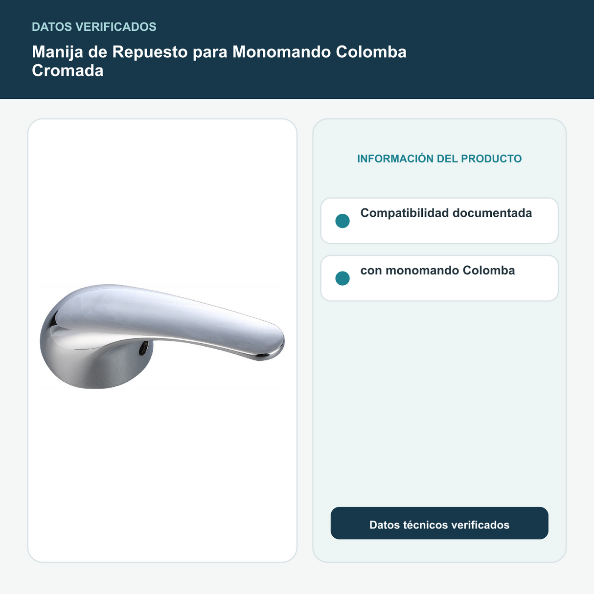 Manija de Repuesto para Monomando Colomba Cromada - Compatibilidad documentada con monomando Colomba