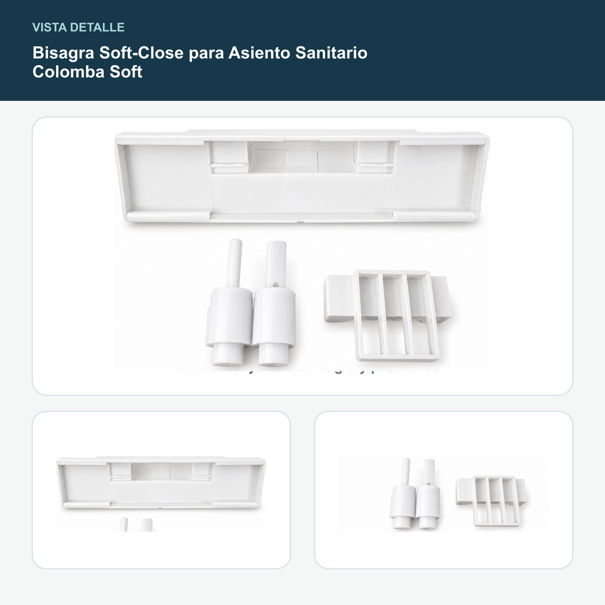 Bisagra Soft-Close para Asiento Sanitario Colomba Soft - Vista del conjunto de bisagra y pasadores