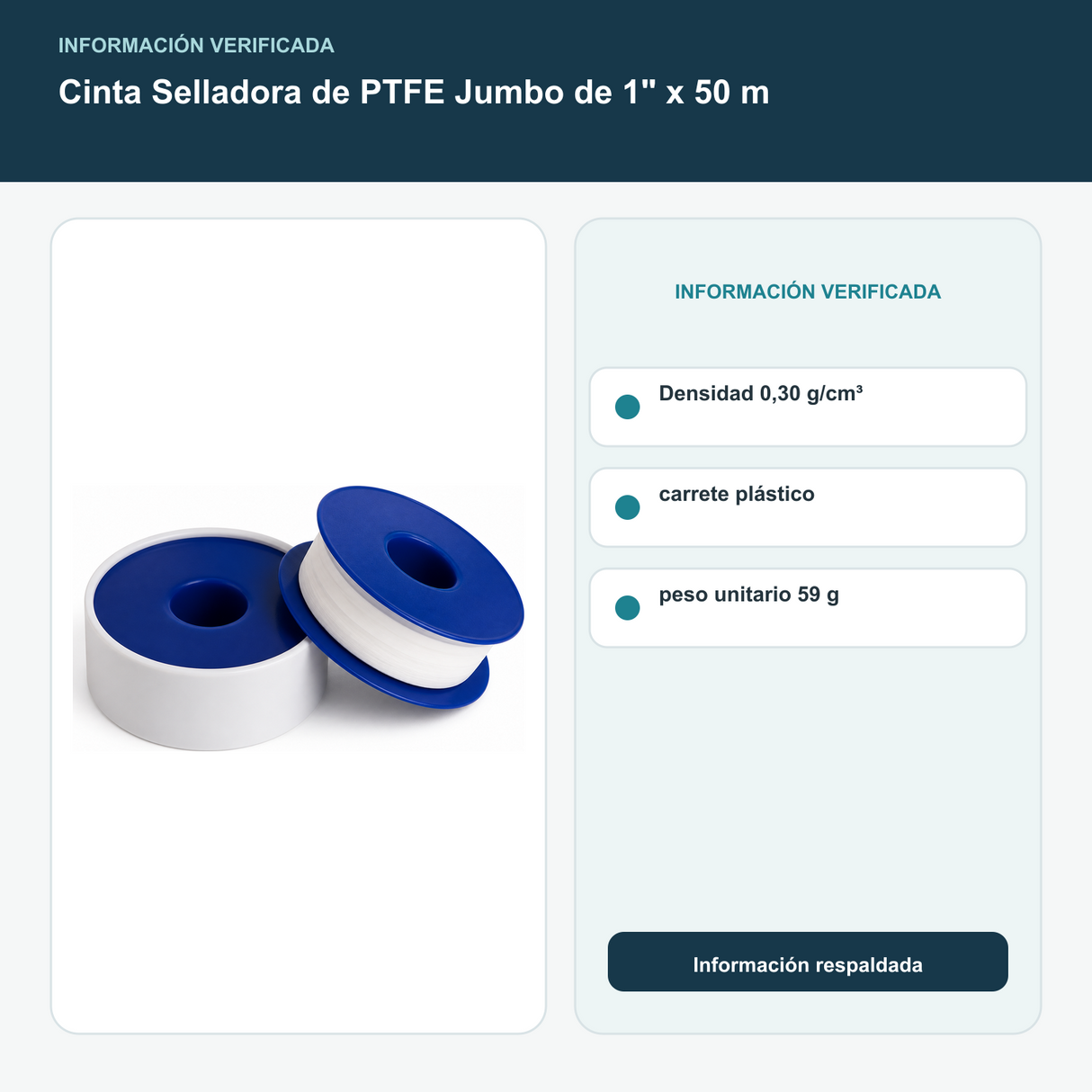 Cinta Selladora de PTFE Jumbo de 1" x 50 m - Densidad 0,30 g/cm³, carrete plástico y peso unitario 59 g