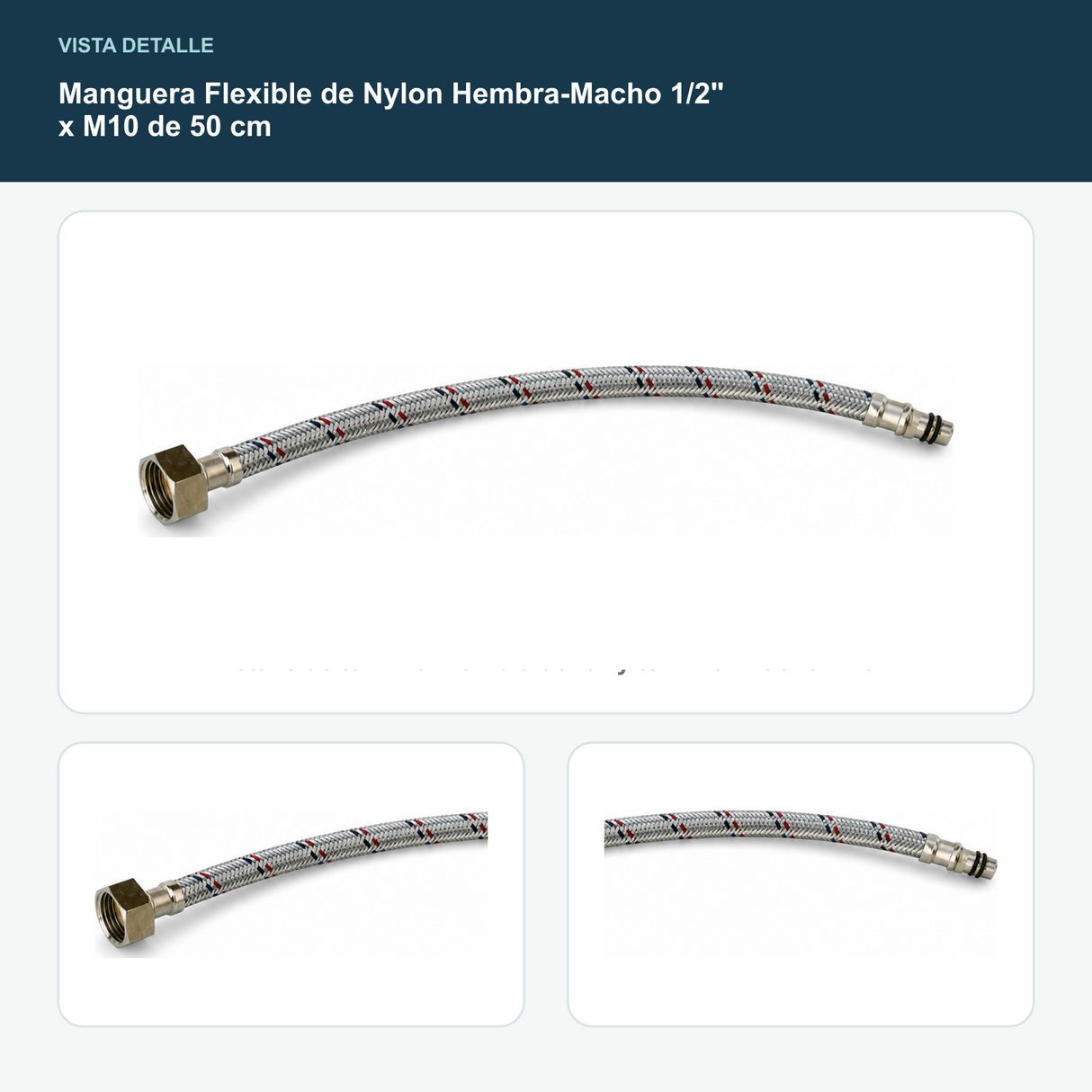 Manguera Flexible de Nylon Hembra-Macho 1/2" x M10 de 50 cm - Detalle de terminal hembra de 1/2 y terminal macho M10