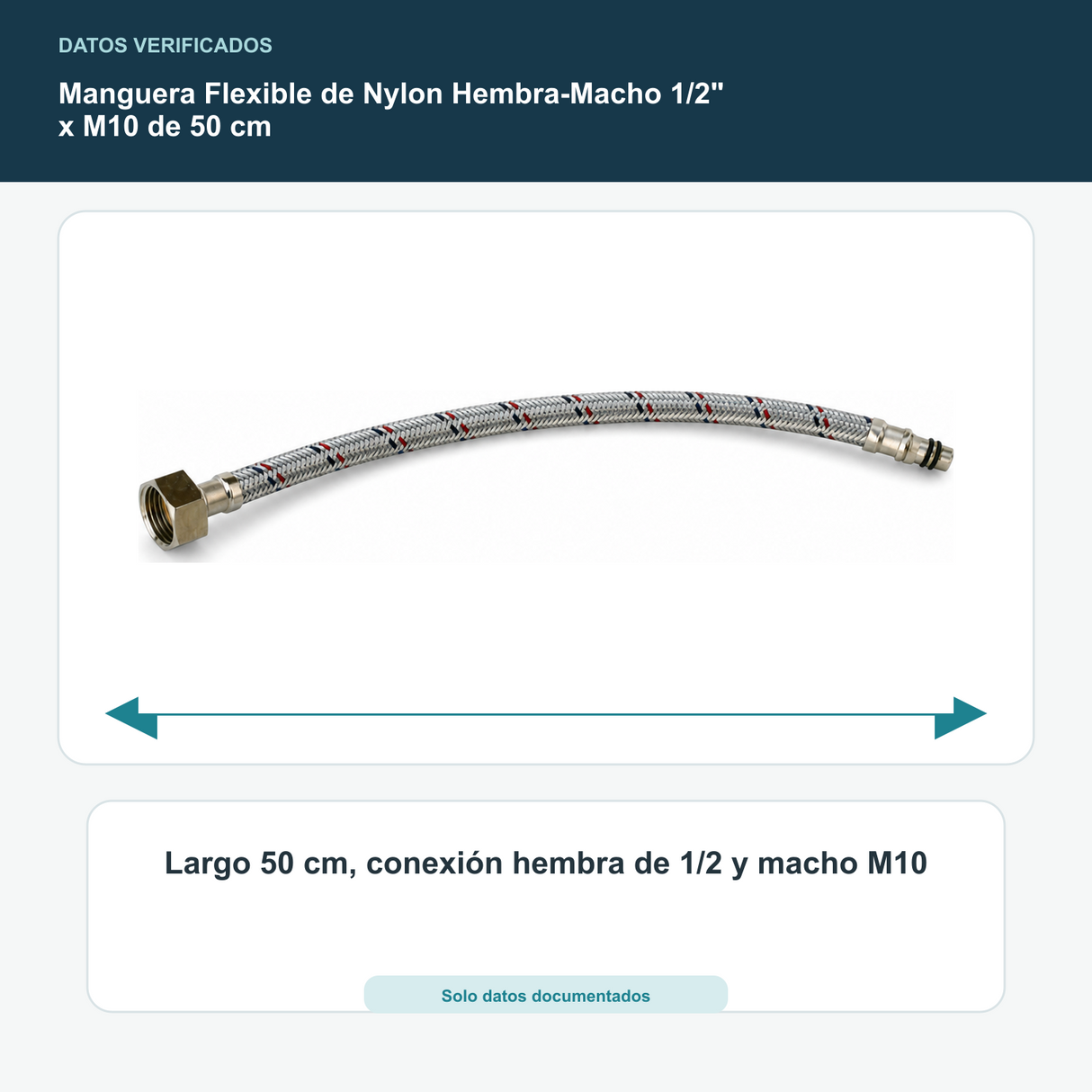 Manguera Flexible de Nylon Hembra-Macho 1/2" x M10 de 50 cm - Largo 50 cm, conexión hembra de 1/2 y macho M10