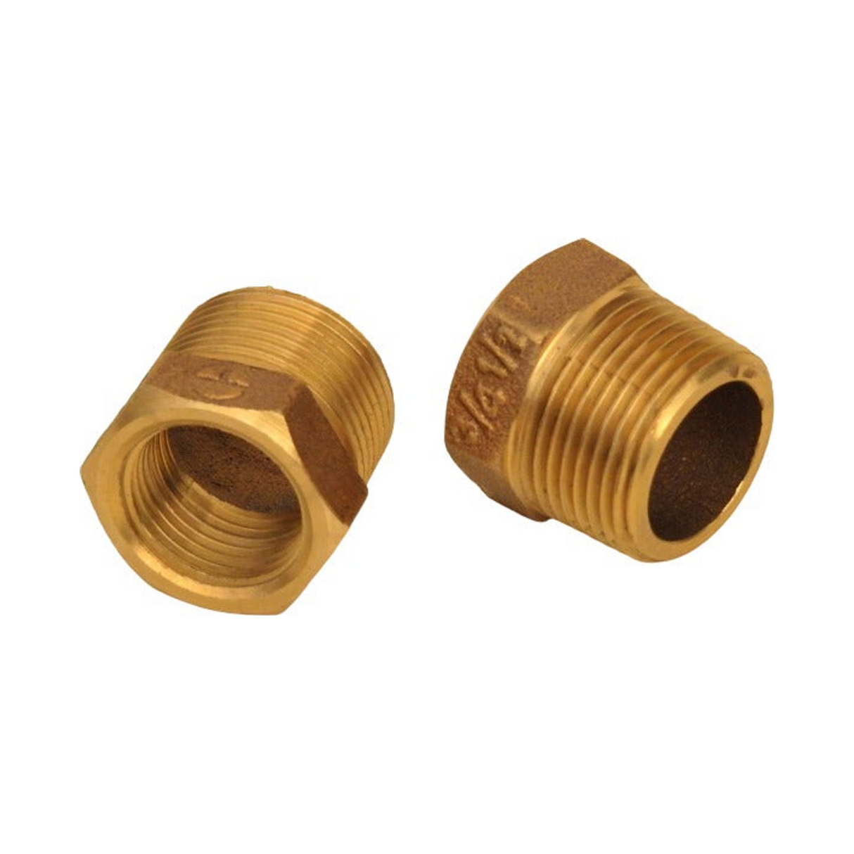 Buje Reductor de Bronce Macho 3/4" a Hembra 1/2" - Producto exacto completo sobre fondo blanco, centrado y sin recortes