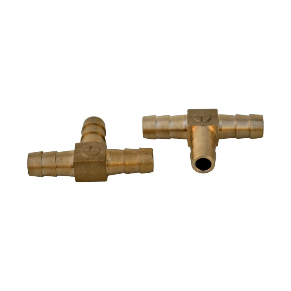 Conector Tee Dentado de Latón para Manguera de 3/8" - Producto exacto completo sobre fondo blanco, centrado y sin recortes