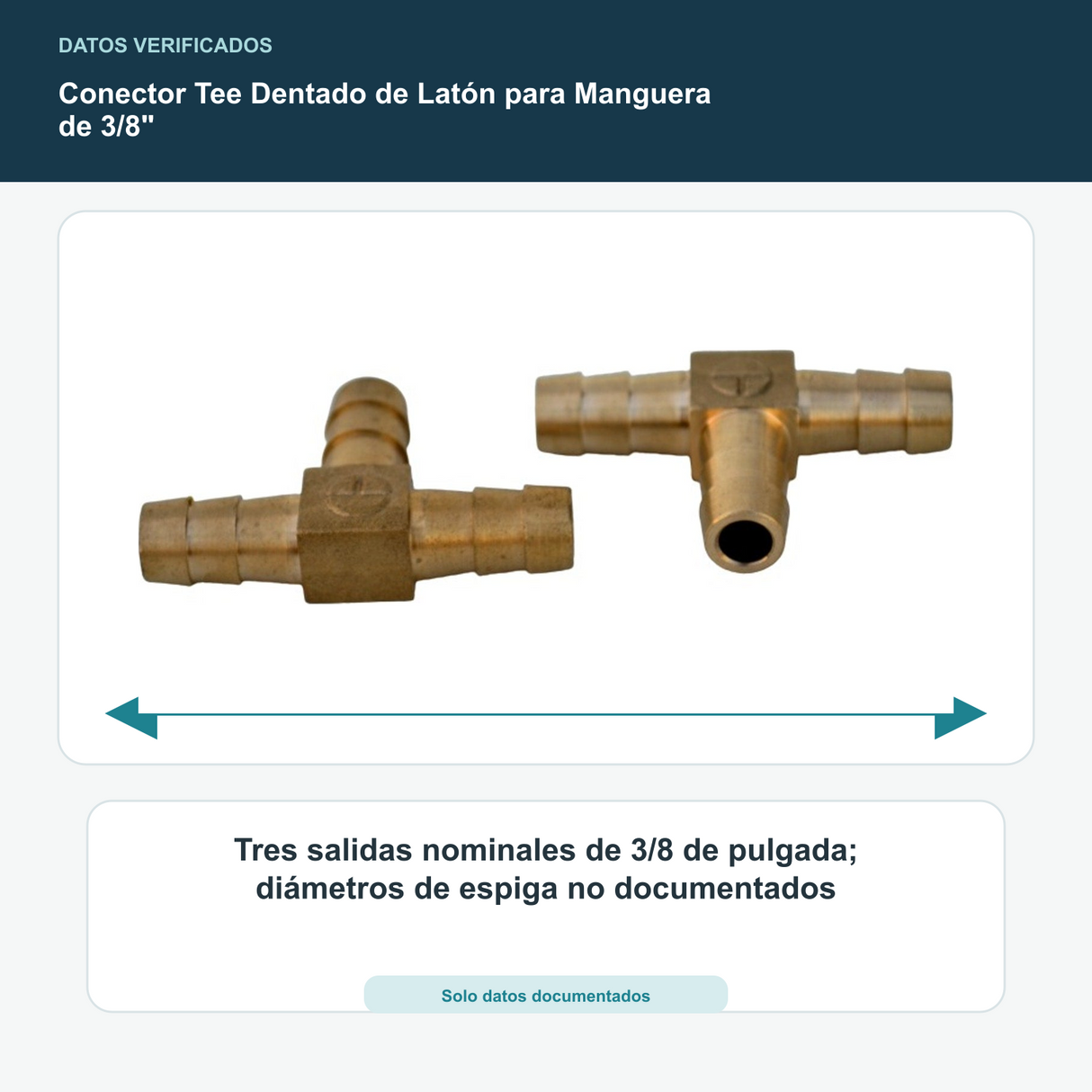 Conector Tee Dentado de Latón para Manguera de 3/8" - Tres salidas nominales de 3/8 de pulgada; diámetros de espiga no documentados