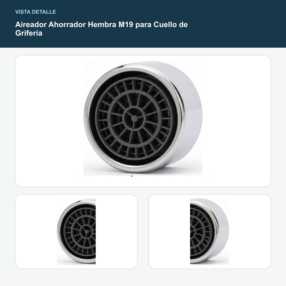 Aireador Ahorrador Hembra M19 para Cuello de Grifería - Detalle del aireador y de su camisa metálica lisa