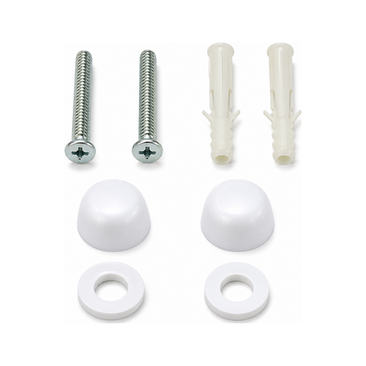 Kit de Anclaje para Sanitario con Pernos de 70 mm - Kit completo de ocho componentes sobre fondo blanco