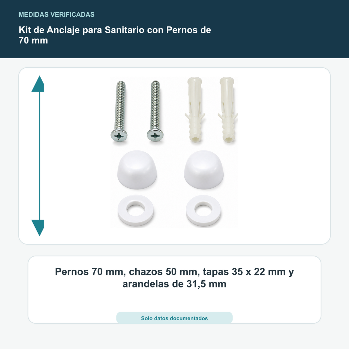 Kit de Anclaje para Sanitario con Pernos de 70 mm - Pernos 70 mm, chazos 50 mm, tapas 35 x 22 mm y arandelas de 31,5 mm