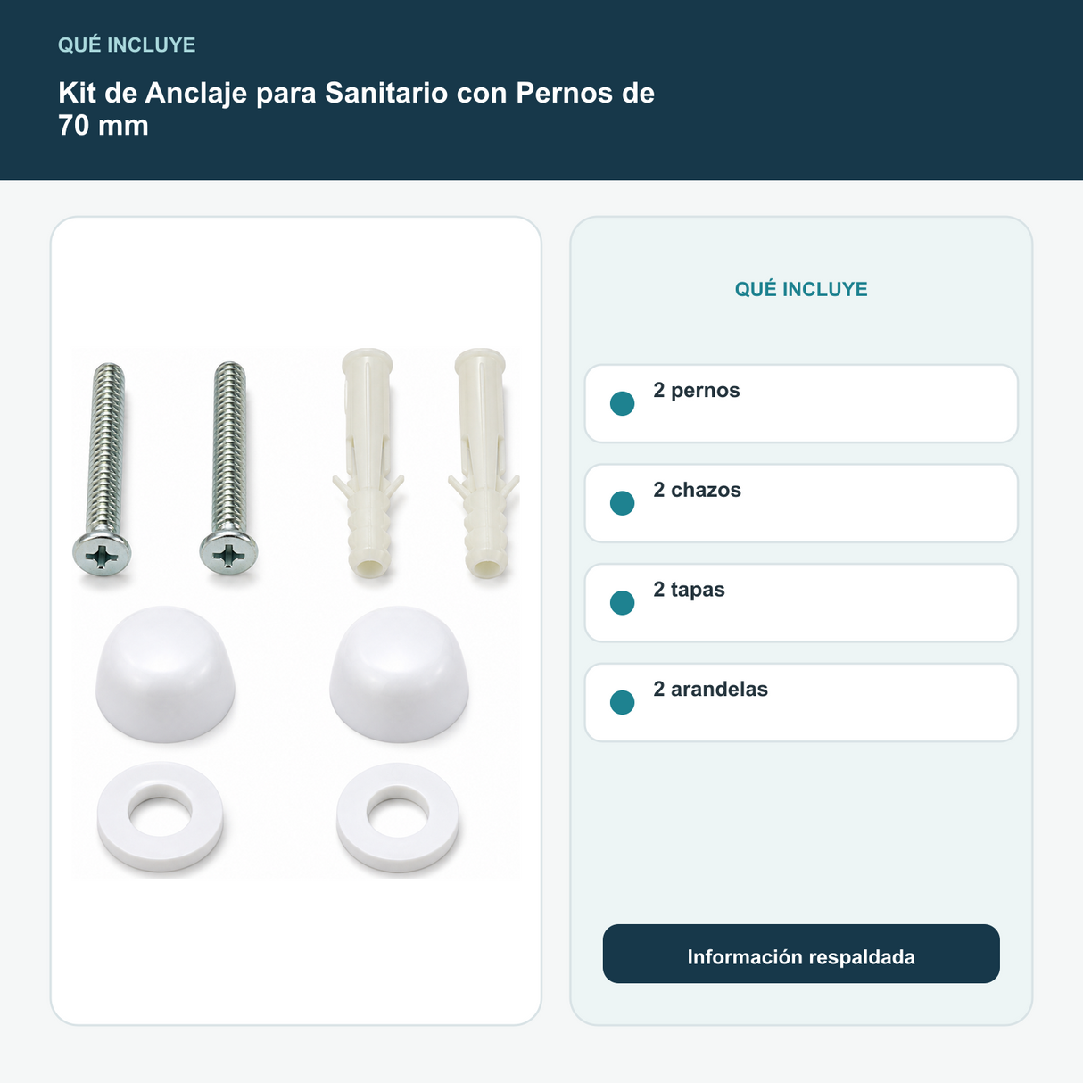 Kit de Anclaje para Sanitario con Pernos de 70 mm - 2 pernos, 2 chazos, 2 tapas y 2 arandelas