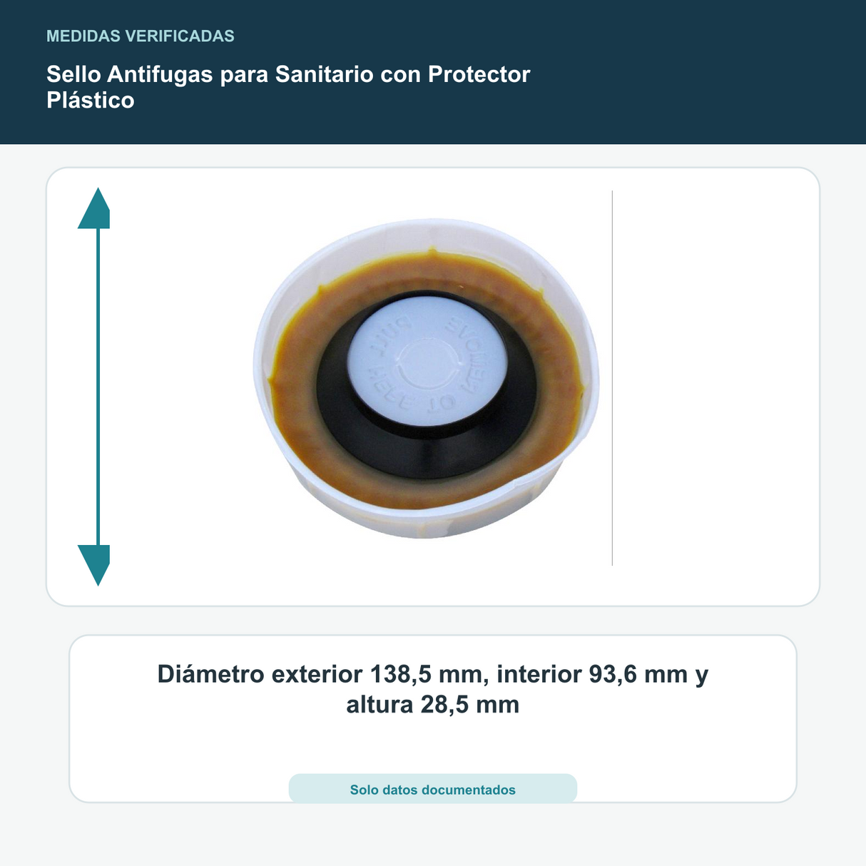 Sello Antifugas para Sanitario con Protector Plástico - Diámetro exterior 138,5 mm, interior 93,6 mm y altura 28,5 mm
