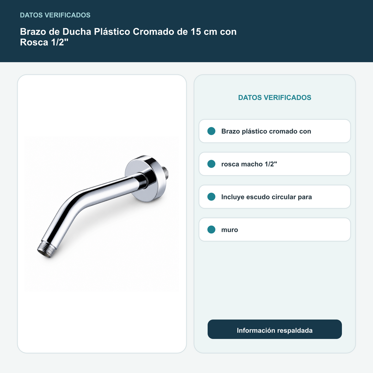 Brazo de Ducha Plástico Cromado de 15 cm con Rosca 1/2" - Brazo plástico cromado con rosca macho 1/2". Incluye escudo circular para muro