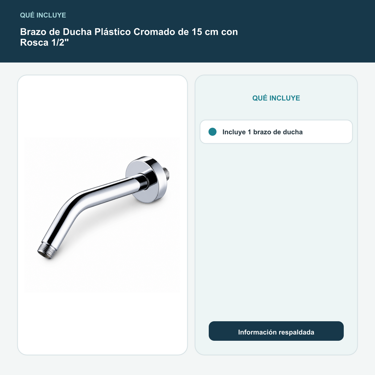 Brazo de Ducha Plástico Cromado de 15 cm con Rosca 1/2" - Incluye 1 brazo de ducha
