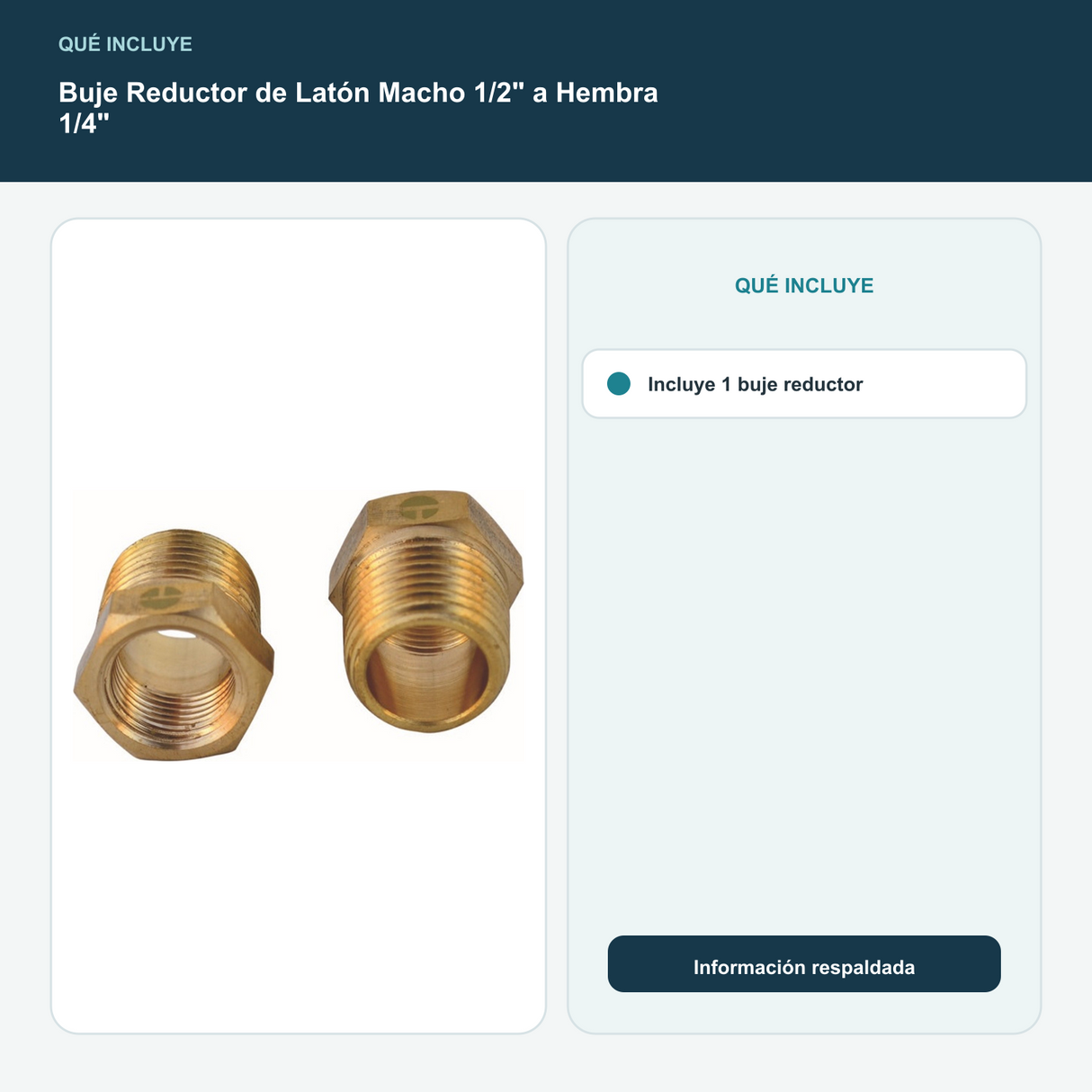 Buje Reductor de Latón Macho 1/2" a Hembra 1/4" - Incluye 1 buje reductor
