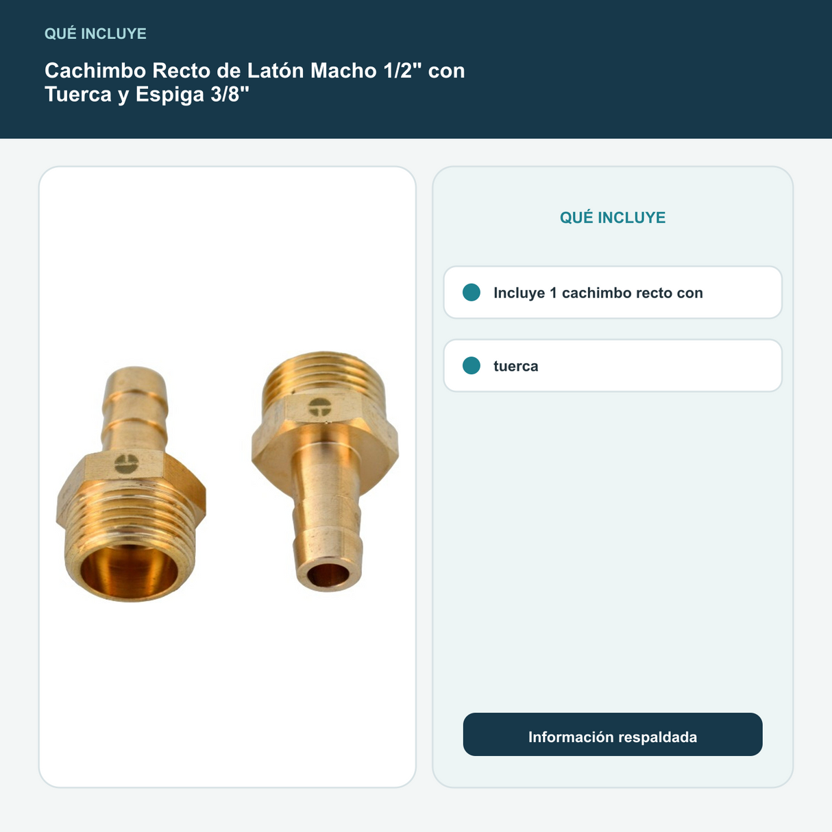 Cachimbo Recto de Latón Macho 1/2" con Tuerca y Espiga 3/8" - Incluye 1 cachimbo recto con tuerca