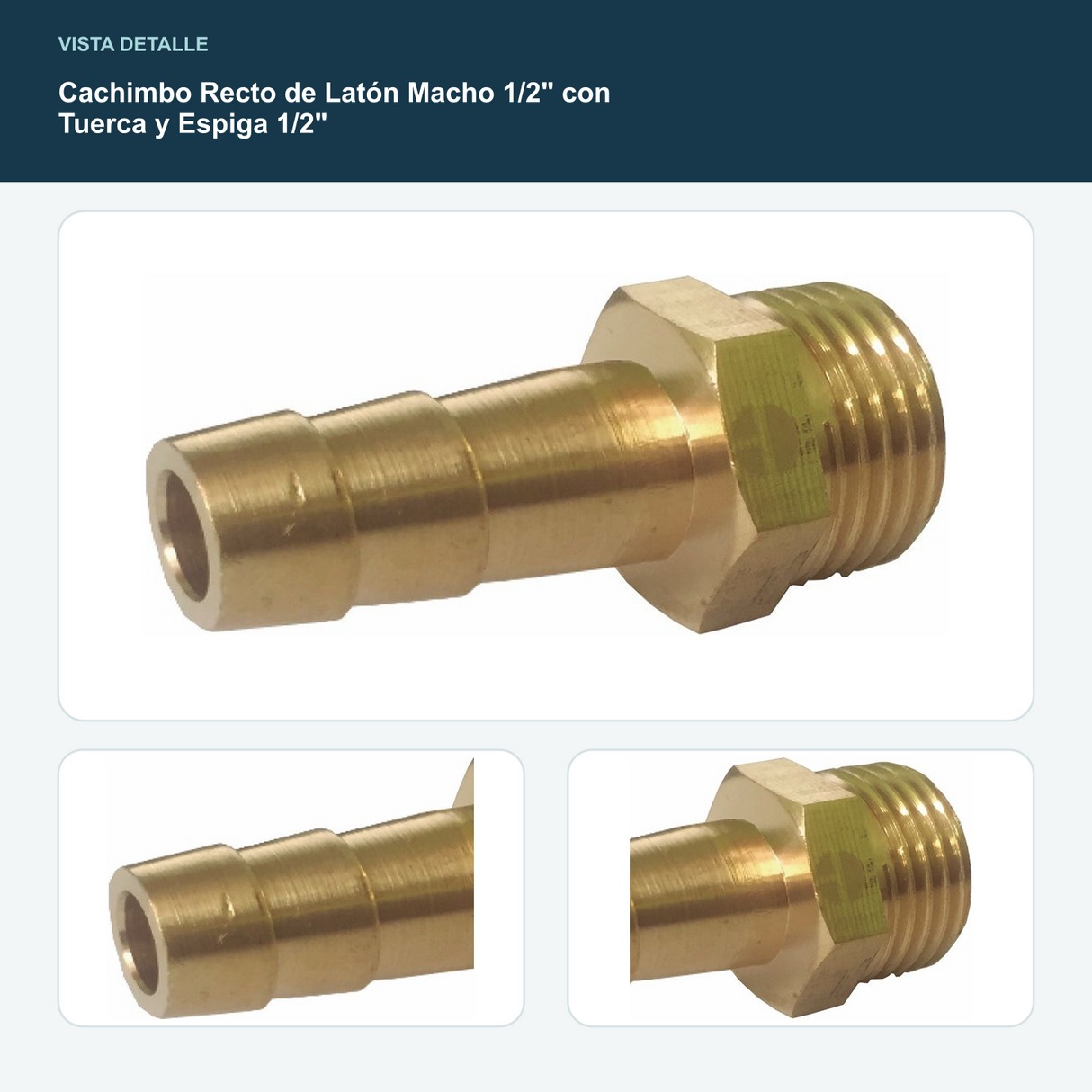 Cachimbo Recto de Latón Macho 1/2" con Tuerca y Espiga 1/2" - Rosca macho 1/2" y espiga 1/2" con tuerca