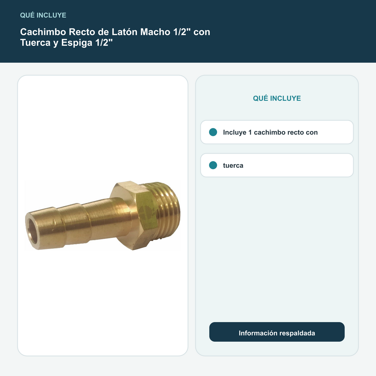 Cachimbo Recto de Latón Macho 1/2" con Tuerca y Espiga 1/2" - Incluye 1 cachimbo recto con tuerca
