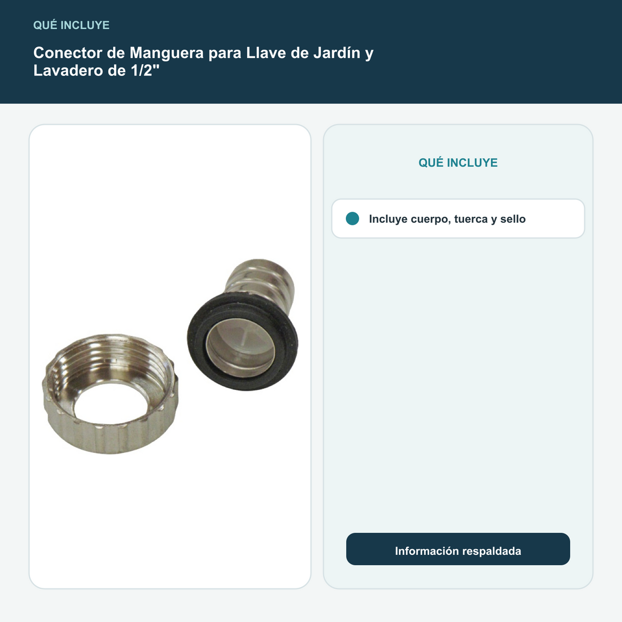 Conector de Manguera para Llave de Jardín y Lavadero de 1/2" - Incluye cuerpo, tuerca y sello