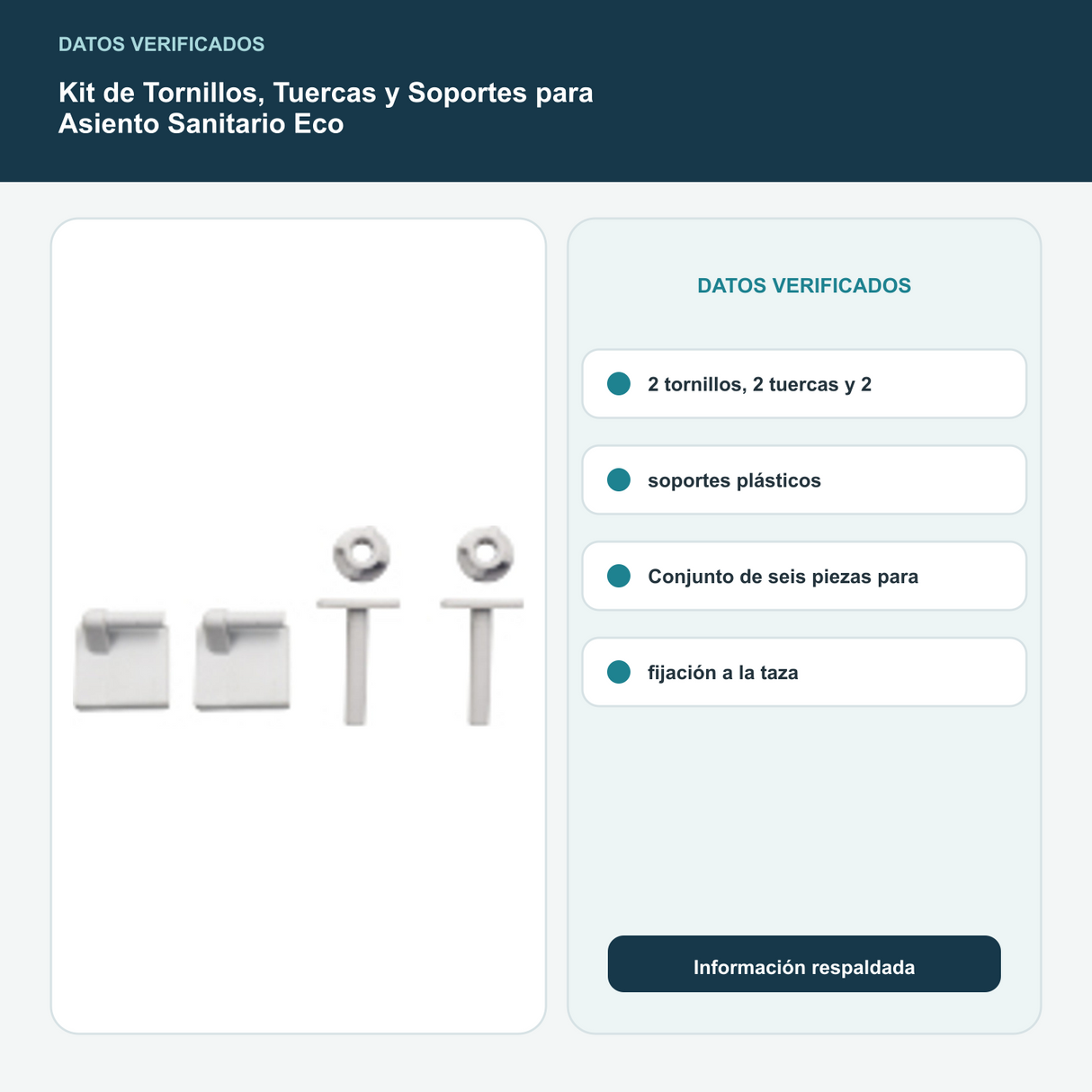 Kit de Tornillos, Tuercas y Soportes para Asiento Sanitario Eco - 2 tornillos, 2 tuercas y 2 soportes plásticos. Conjunto de seis piezas para fijación a la taza